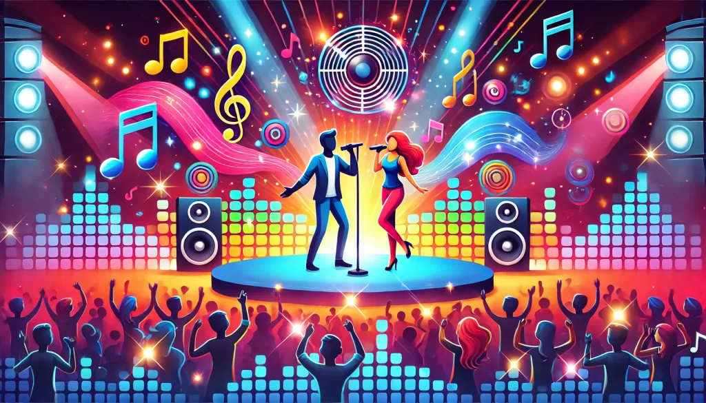 DALL·E-2025-03-21-19.19.05-A-wide-digital-illustration-of-a-pop-concert-scene.-A-male-and-female-pop-singer-perform-together-on-a-vibrant-stage-surrounded-by-colorful-lights-mu